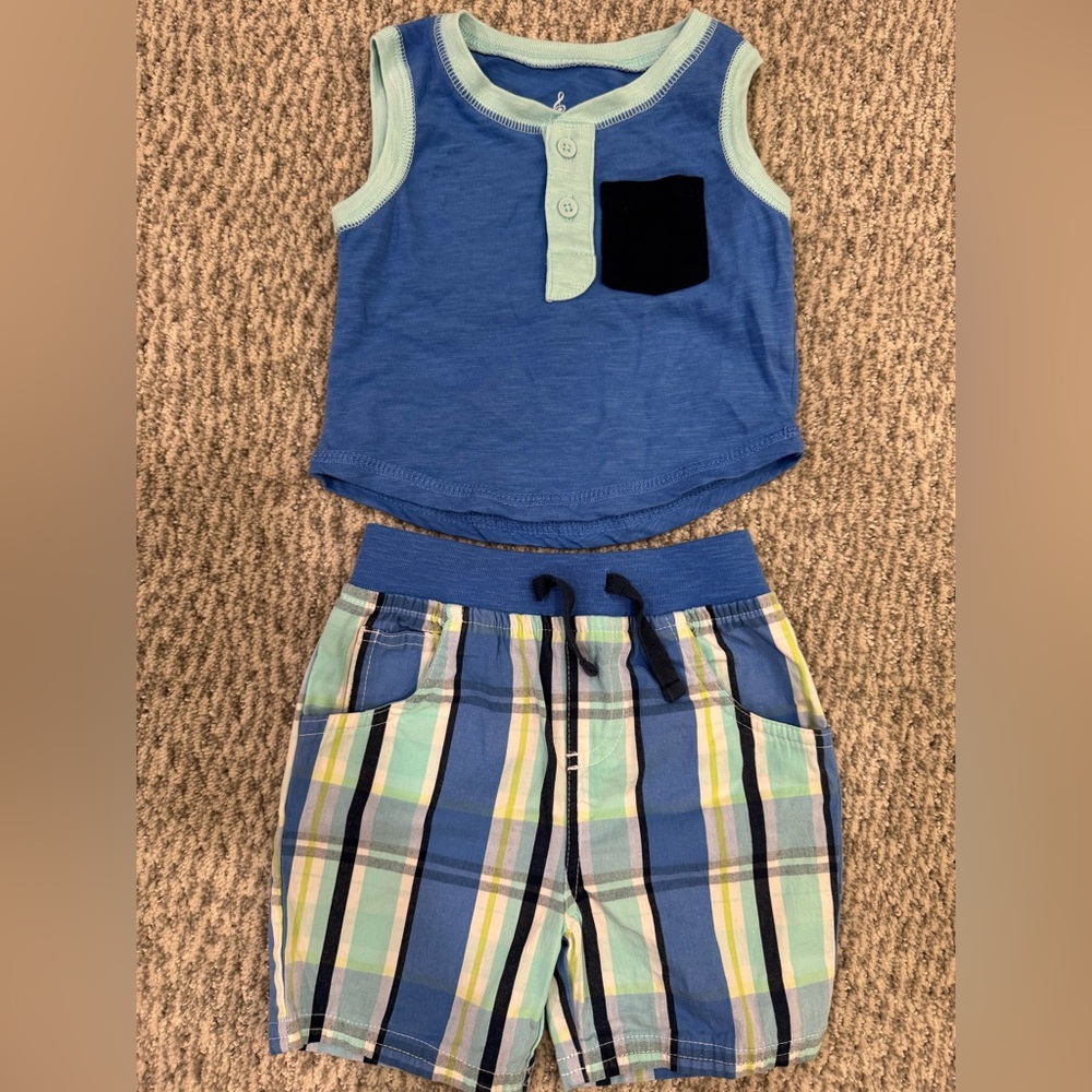 Blue Tank Top and Plaid Shorts Set - Lullabye Lane - 6-9 M EXCELLENT condition